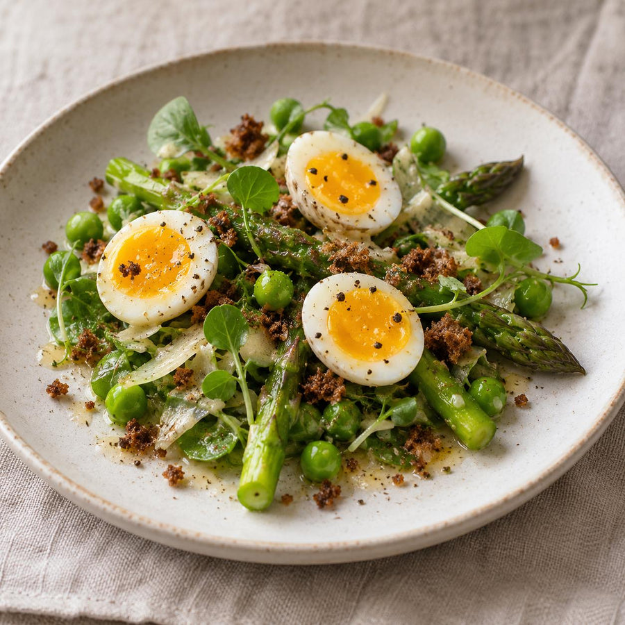 Quail eggs soft-boiled and halved on asparagus, peas, cress and toasted crumbs on a speckled stoneware plate