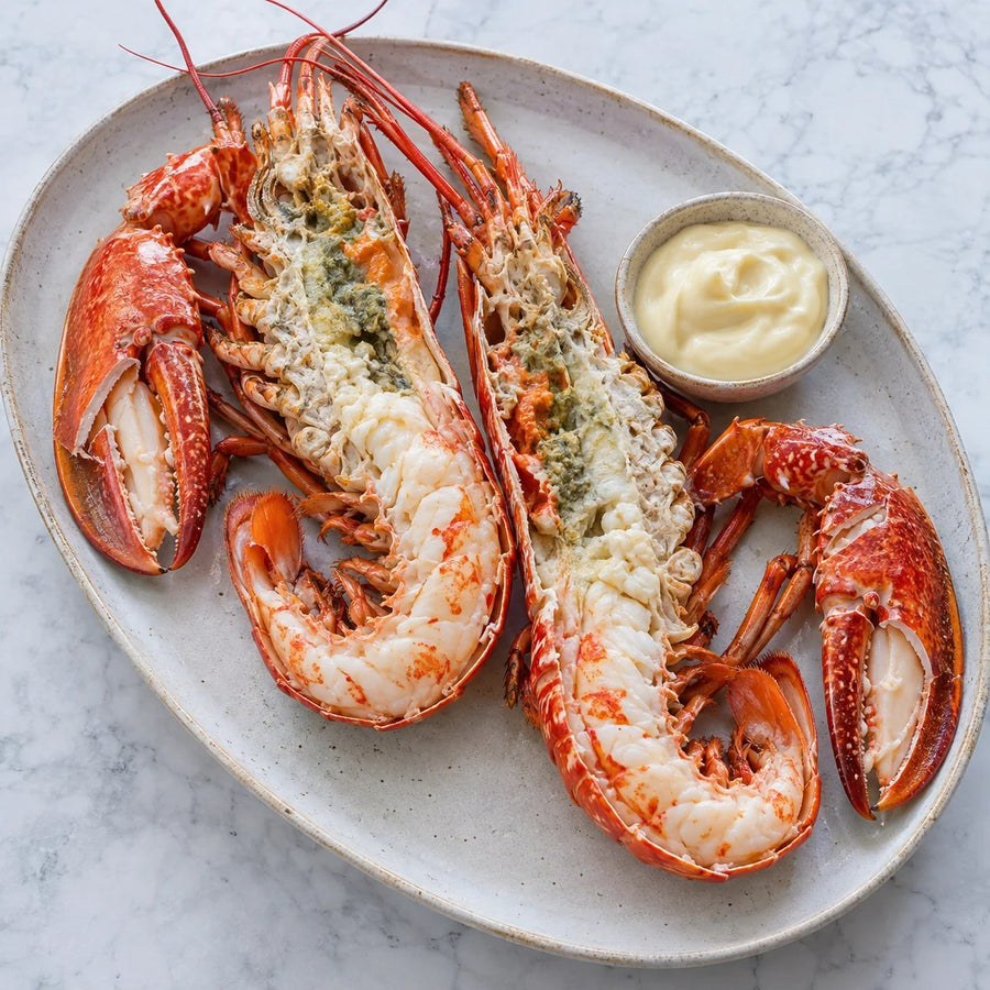 A cooked lobster split lengthways with the claws cracked, served with mayonnaise