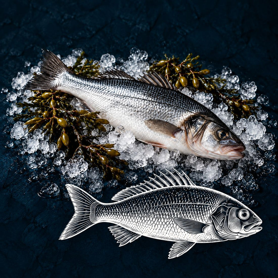 Whole sea bass on crushed ice, cleaned and trimmed to order