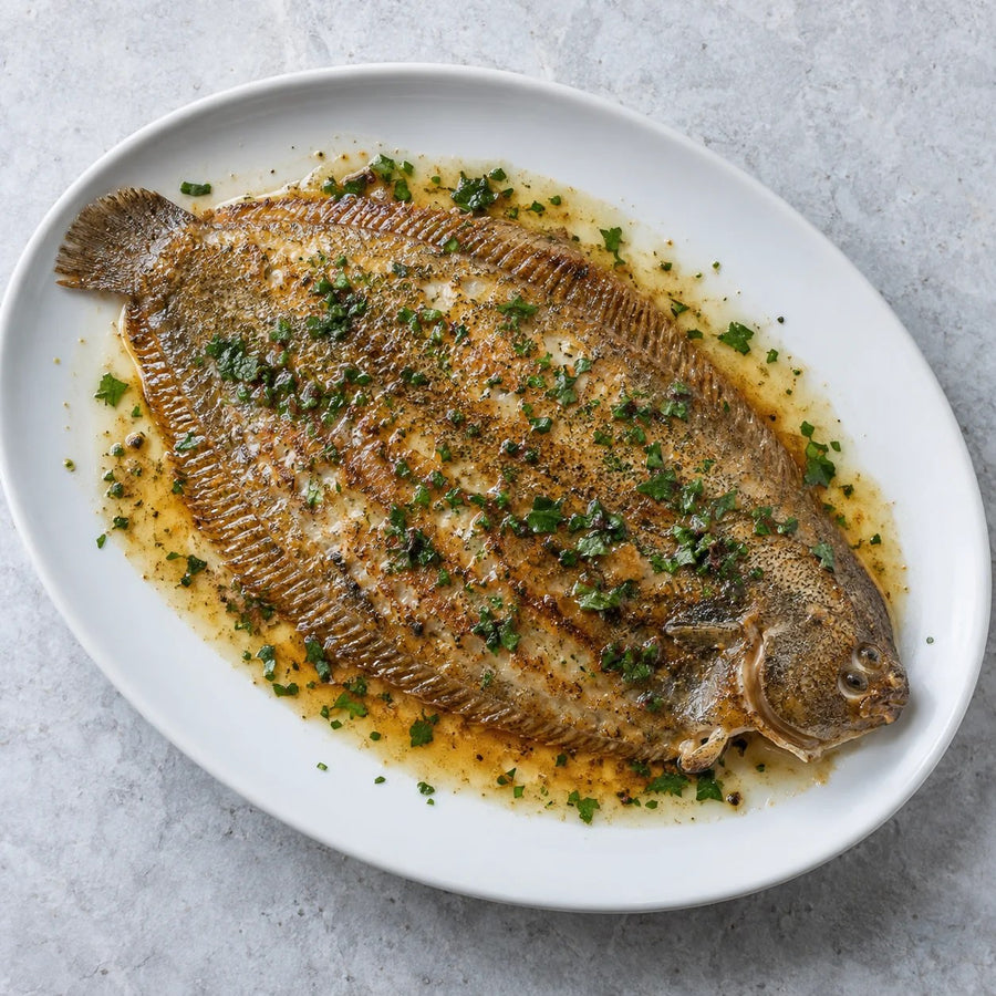 A whole lemon sole on the bone in brown butter with chopped parsley