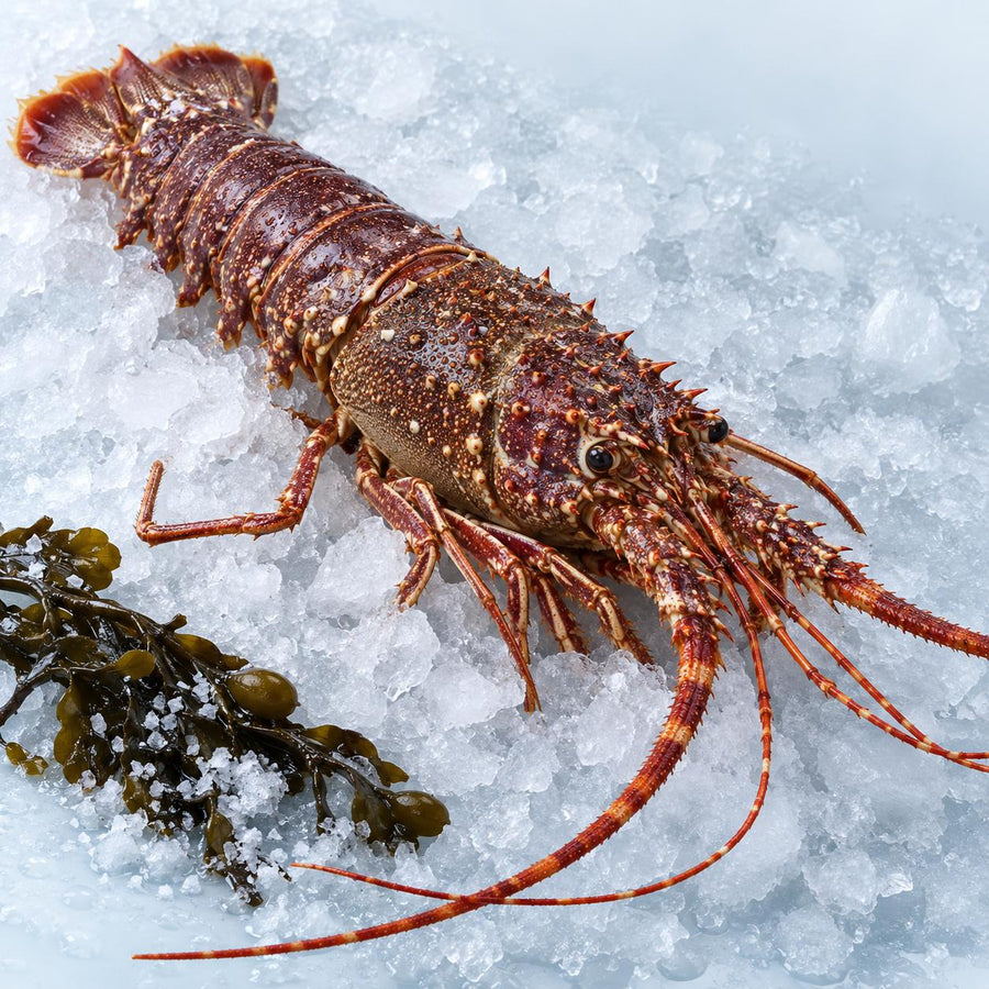 Whole raw crawfish with a spiny red-brown shell and long antennae on crushed ice beside bladderwrack and sea salt